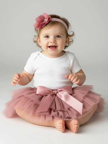Baby wearing a white onesie with a pink tutu and headband on a light gray background